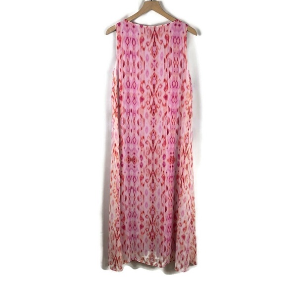 Pink Ikat Sheer Overlay Sleeveless Maxi Dress Coverup Petite Medium Vacation - Picture 3 of 11